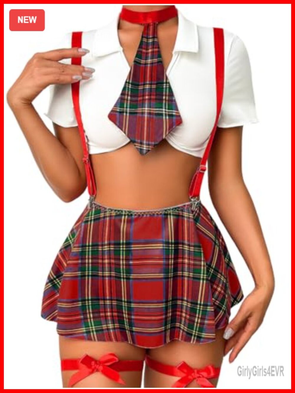 5 Piece Women's Cosplay Lingerie Set Tie Crop Top Plaid Mini Skirt G-String